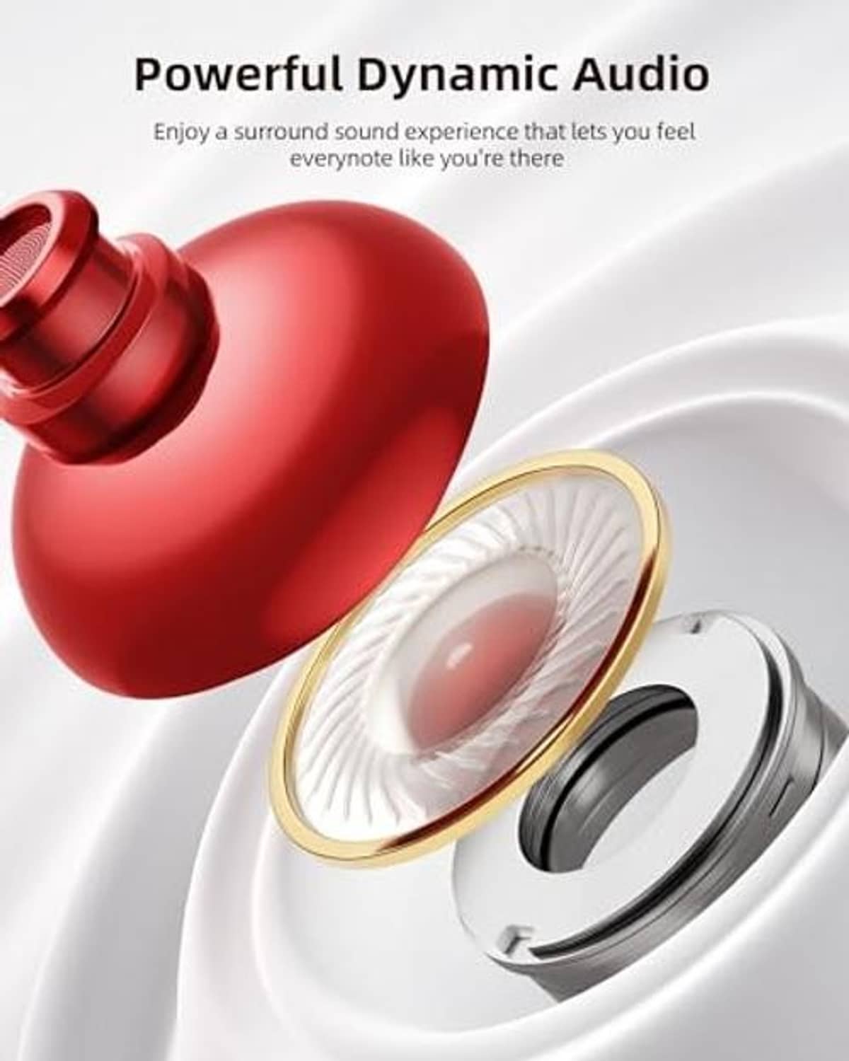 Red and black wireless earbuds with gold-trimmed driver ring