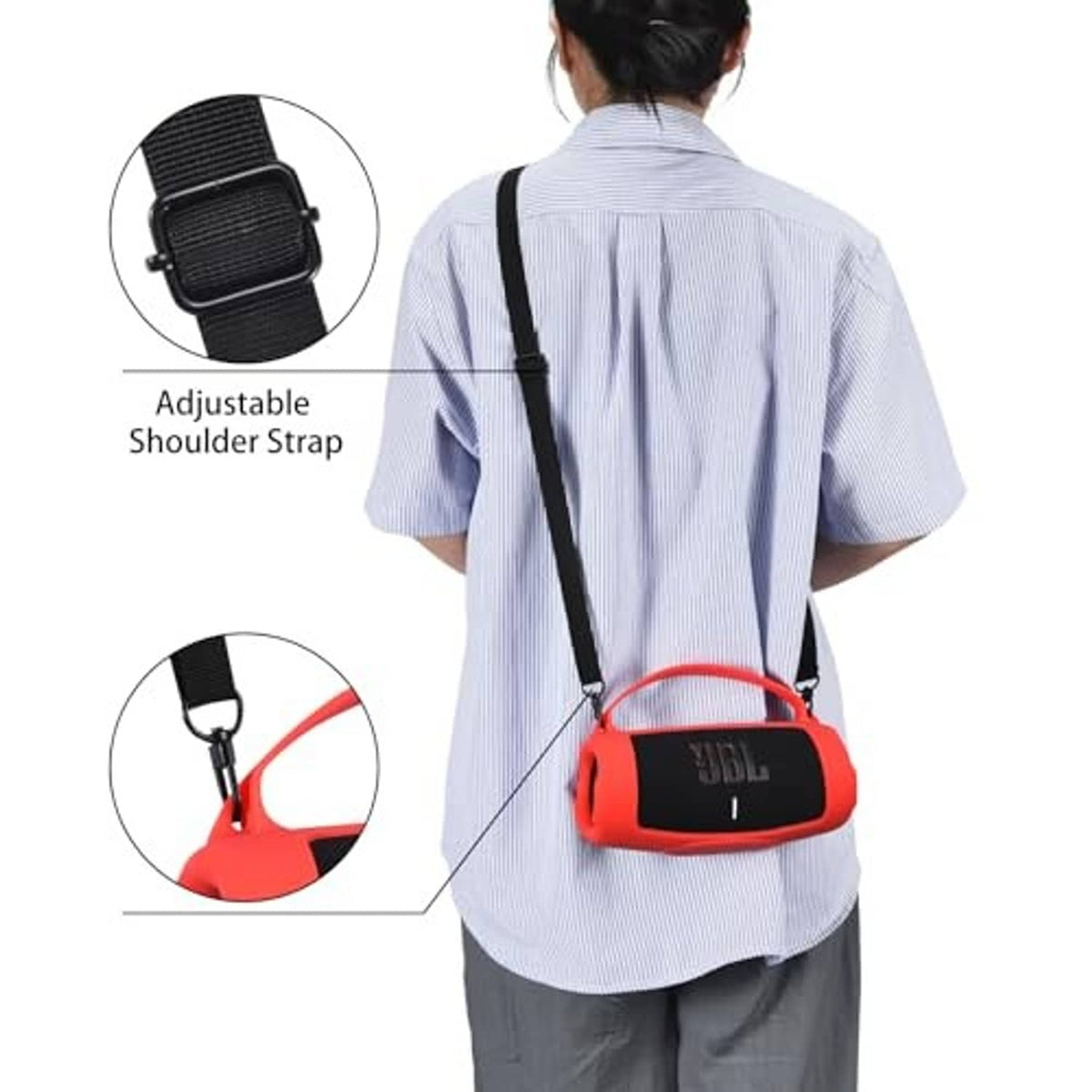 Red JBL speaker case with black adjustable shoulder strap for hands-free carry