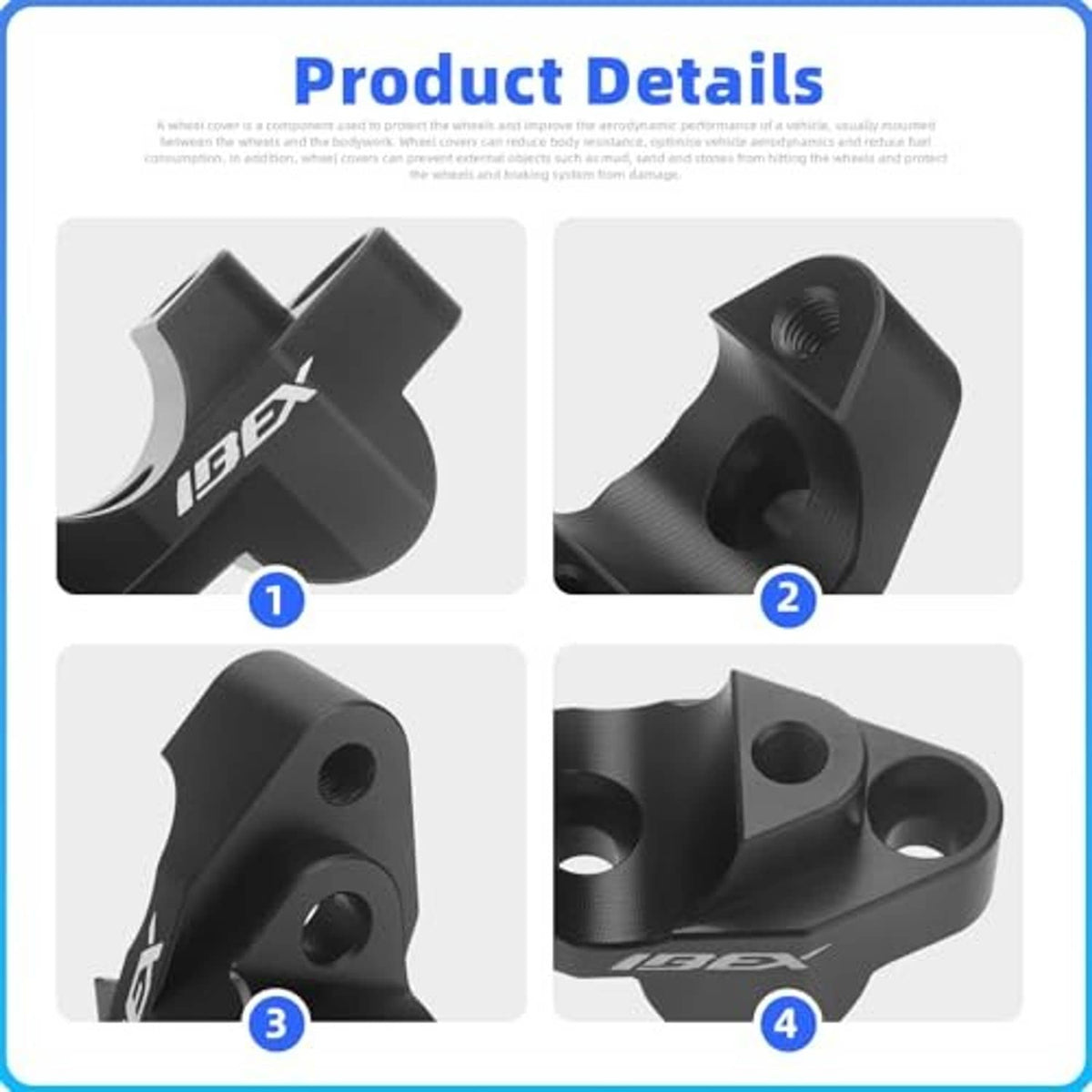 Product detail close-ups of black handlebar riser with threaded bolt holes and clamp