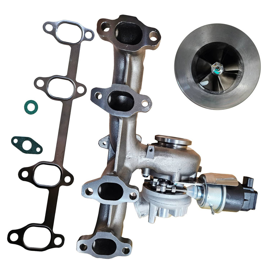 Turbocharger assembly with gaskets and mounting flanges, cast housing and turbine wheel