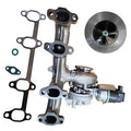 Turbocharger assembly with gaskets and mounting flanges, cast housing and turbine wheel