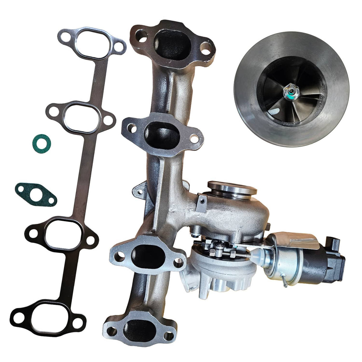 Turbocharger assembly with gaskets and mounting flanges, cast housing and turbine wheel