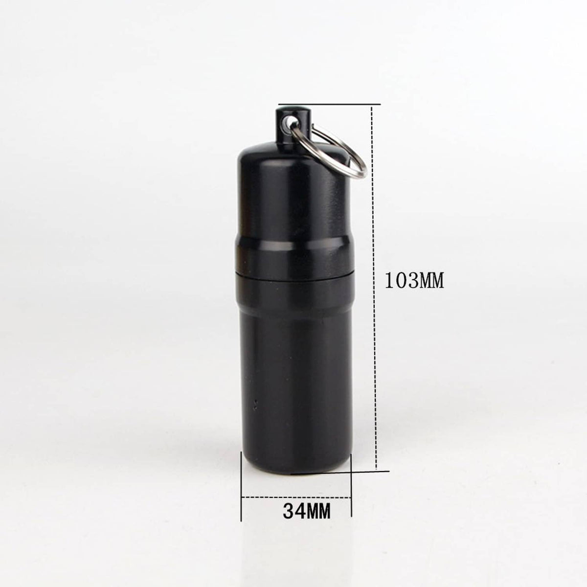 Black round cigarette case dimensions shown beside the metal key ring