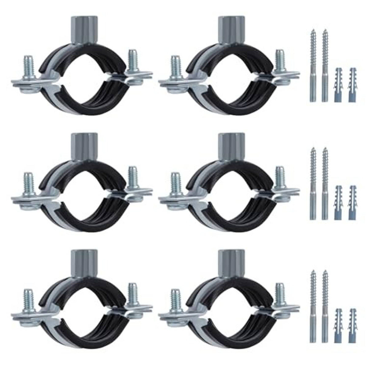 Black split ring pipe hanger set with metal straps and galvanized mounting hardware.