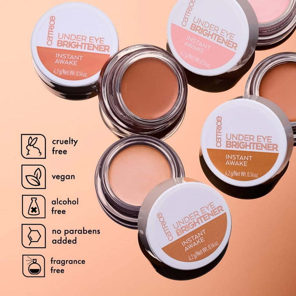 Catrice Under Eye Brightener jars with cruelty-free vegan and fragrance-free icons