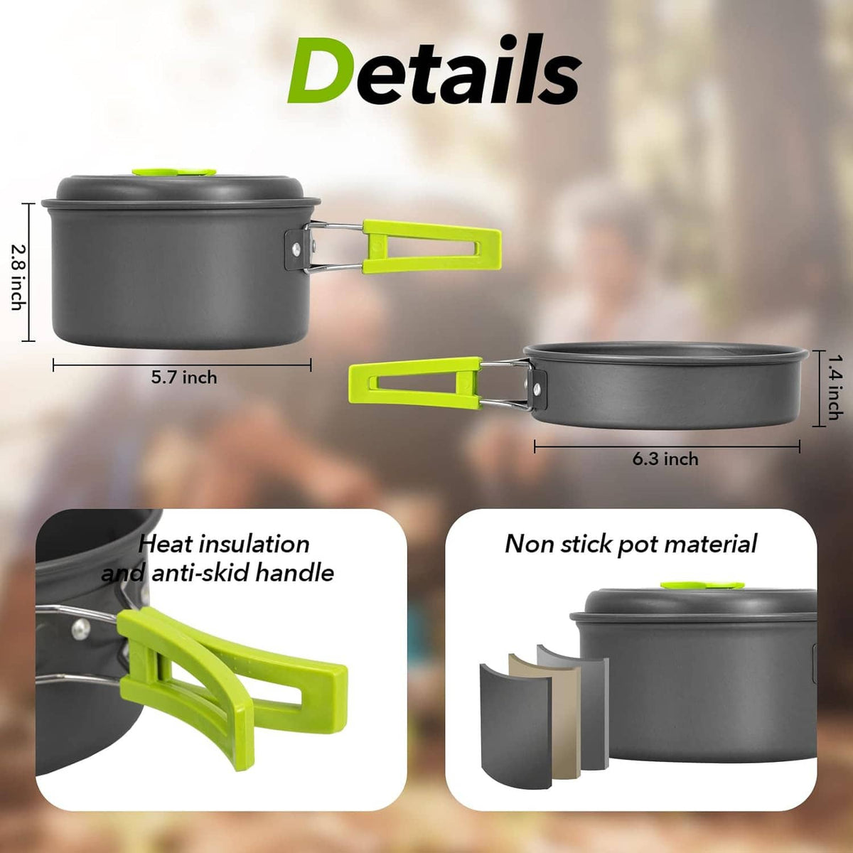 Compact gray nonstick pot with bright green handle plus included cooking accessories in layout