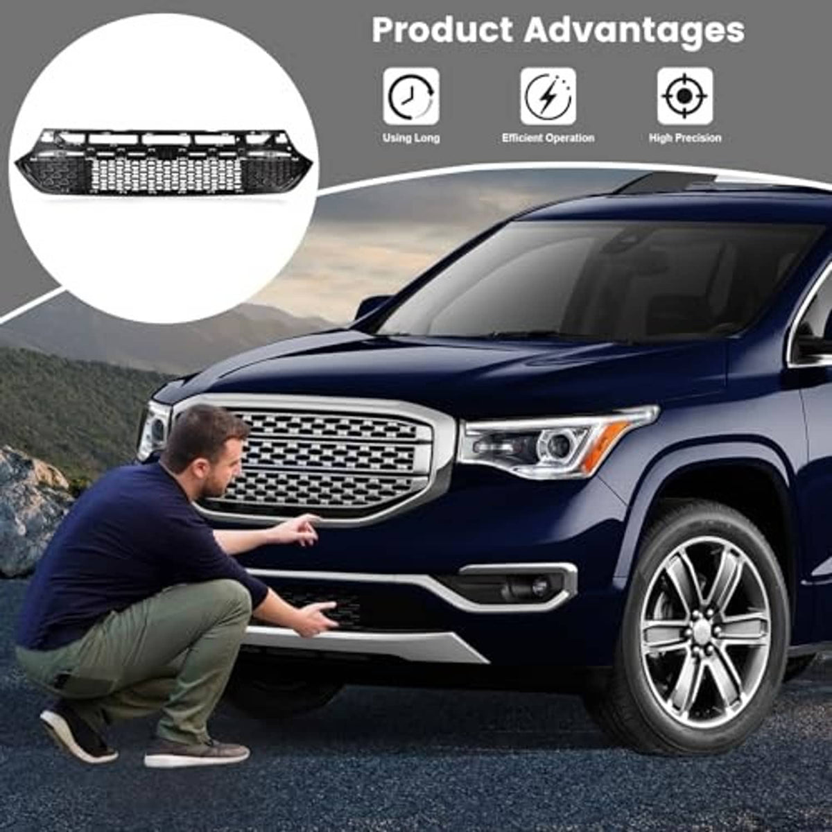 Blue SUV front grille with black honeycomb mesh panel