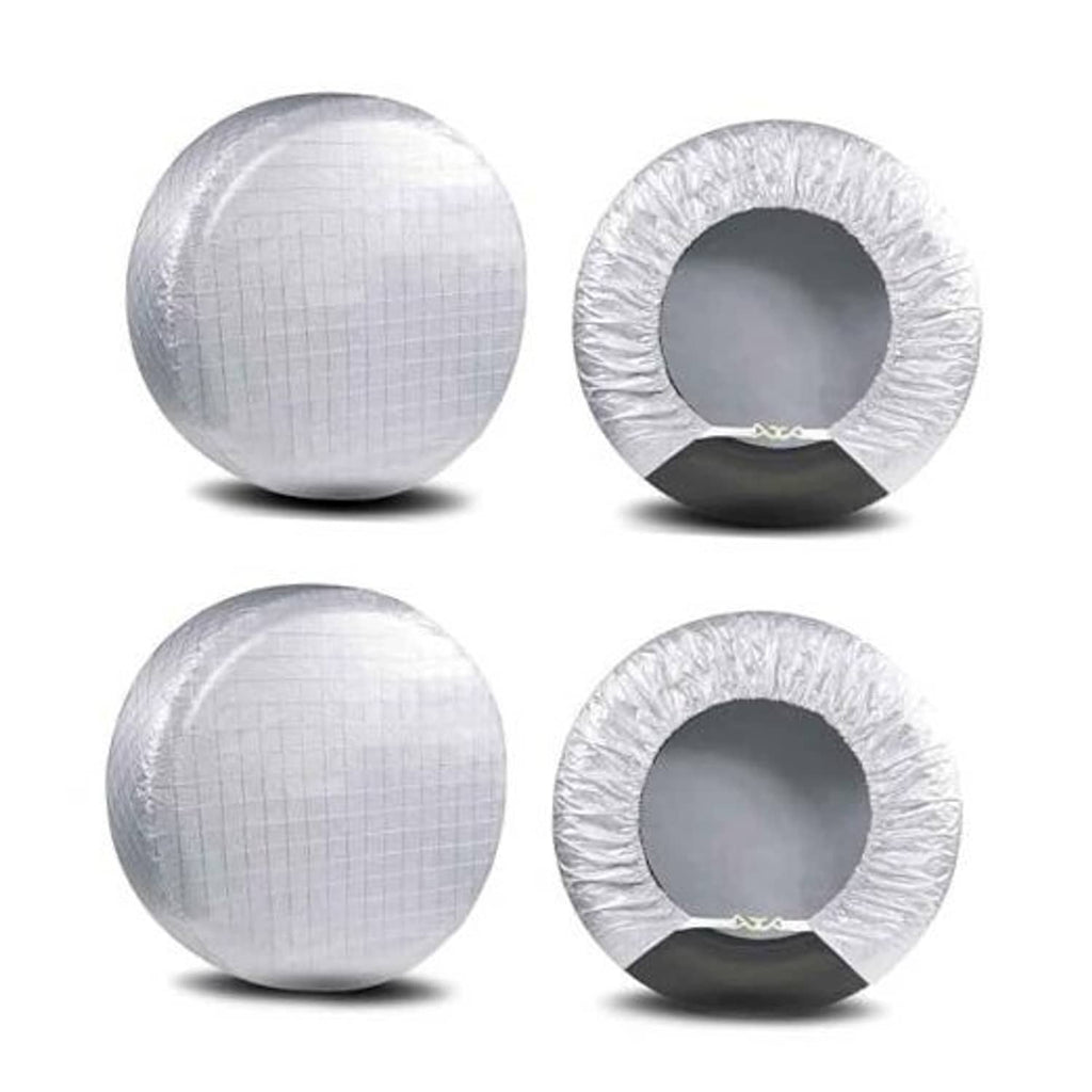 Set of 4 white tire covers, round shape with central opening, front and side angles