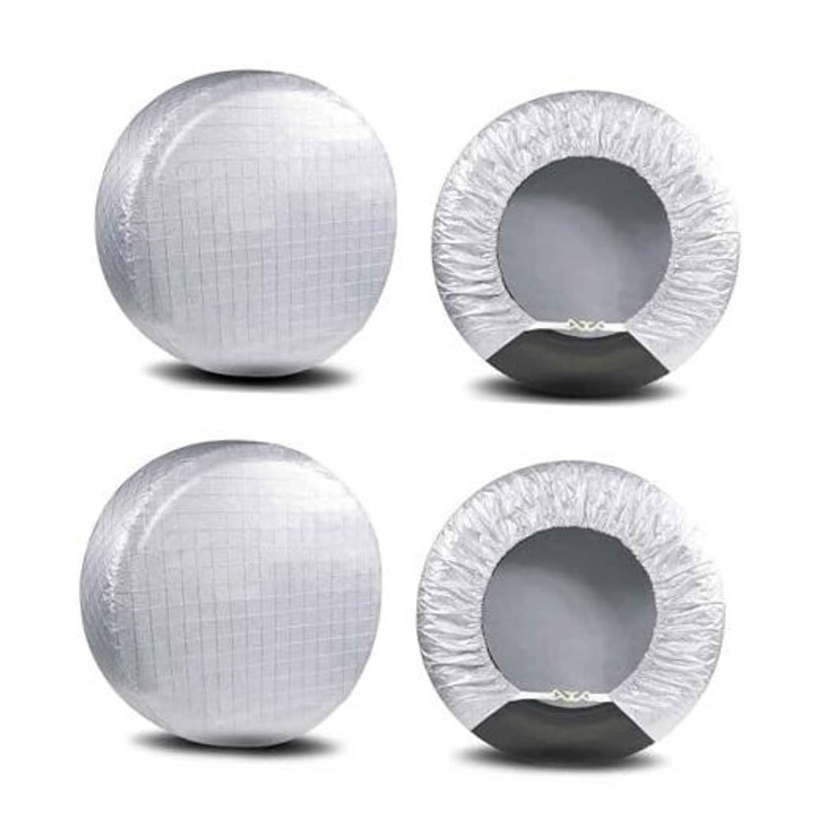 Set of 4 white tire covers, round shape with central opening, front and side angles