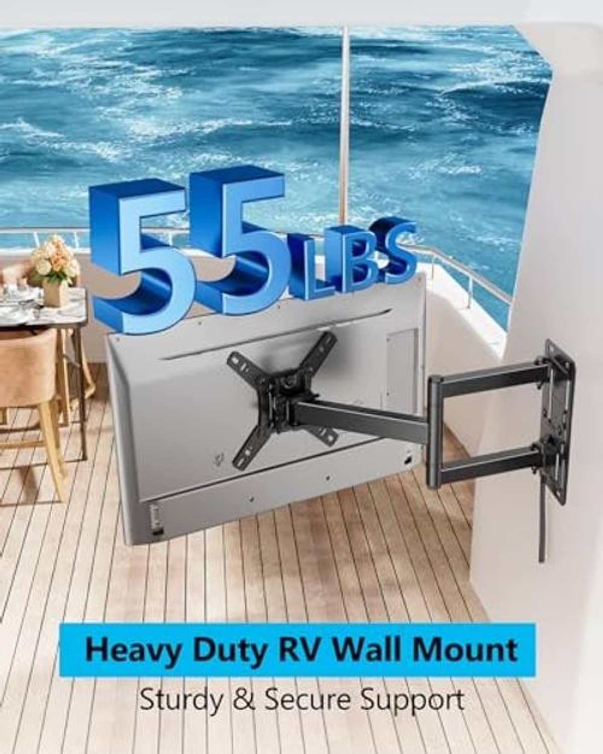 Black heavy-duty RV TV wall mount with extended arms and secure wall bracket