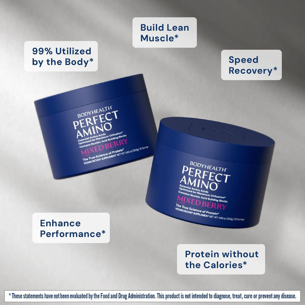 BODYHEALTH Perfect Amino mixed berry powder tubs with feature badges
