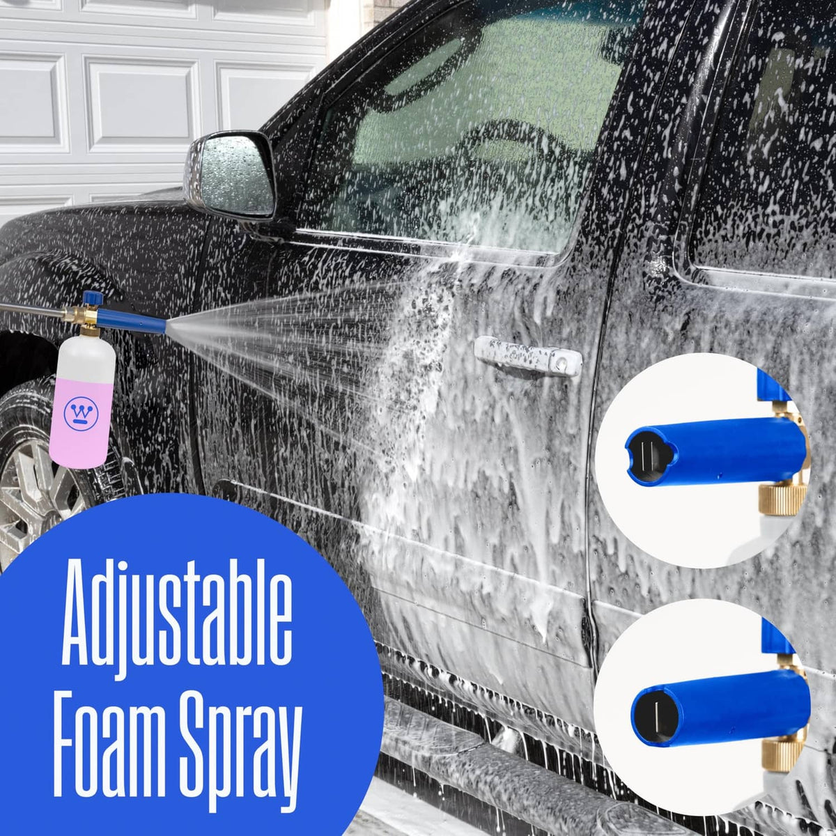 Foam cannon spray head with adjustable blue nozzles and white bottle