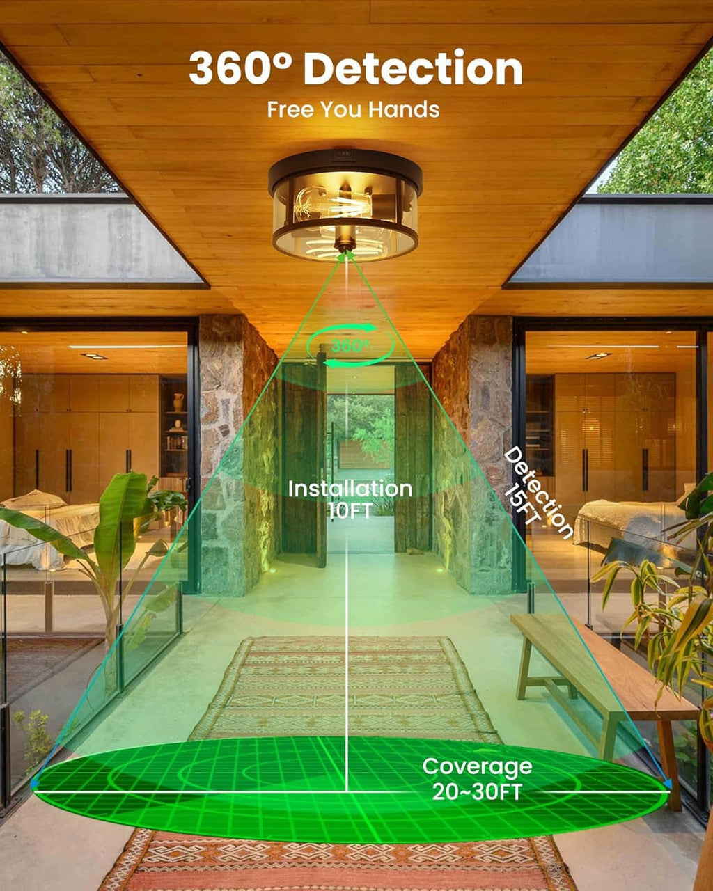 Outdoor porch ceiling light with 360° detection and up to 20 ft coverage