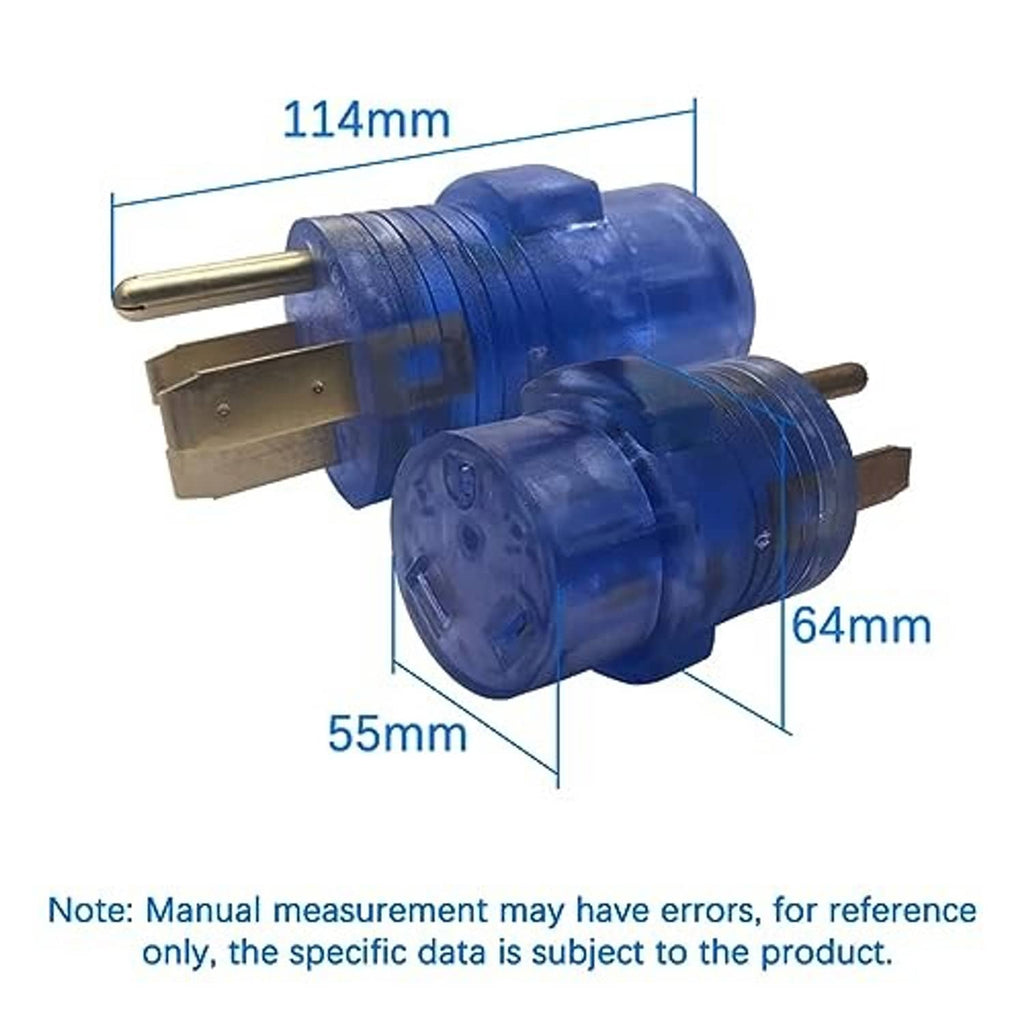 Blue RV power conversion plug size diagram: 114mm, 64mm, and 55mm