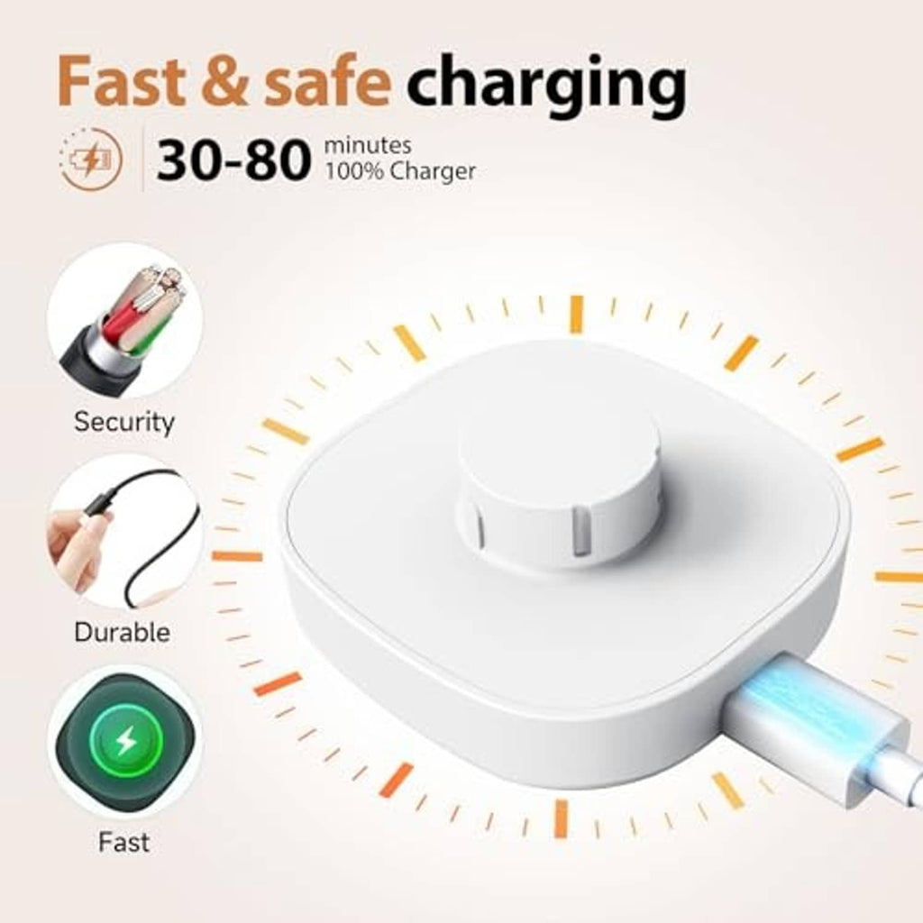 White ring charger dock with metal contact ring and illuminated charging cable