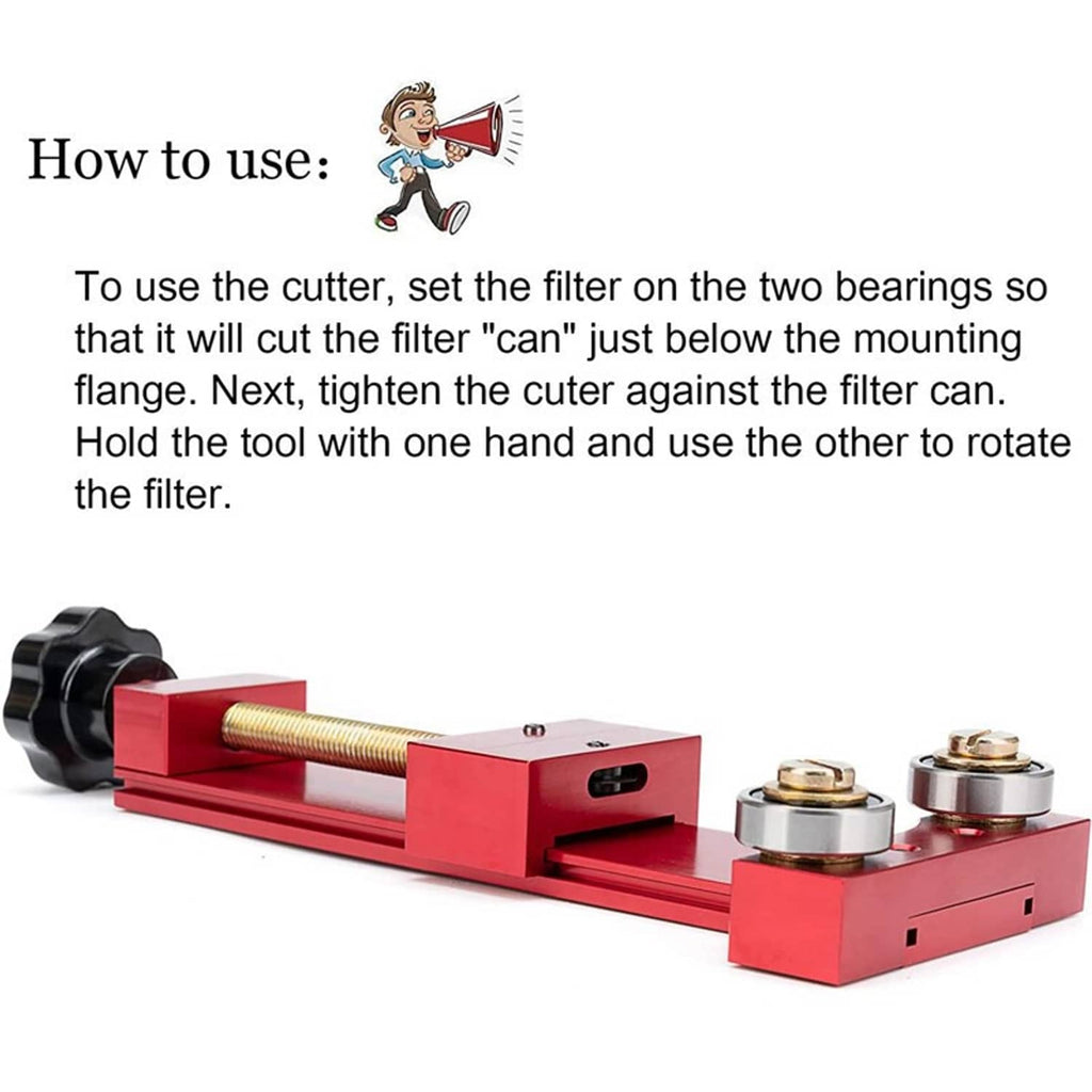 Red oil filter cutter tool with two bearings, threaded rod, and black knob for cutting