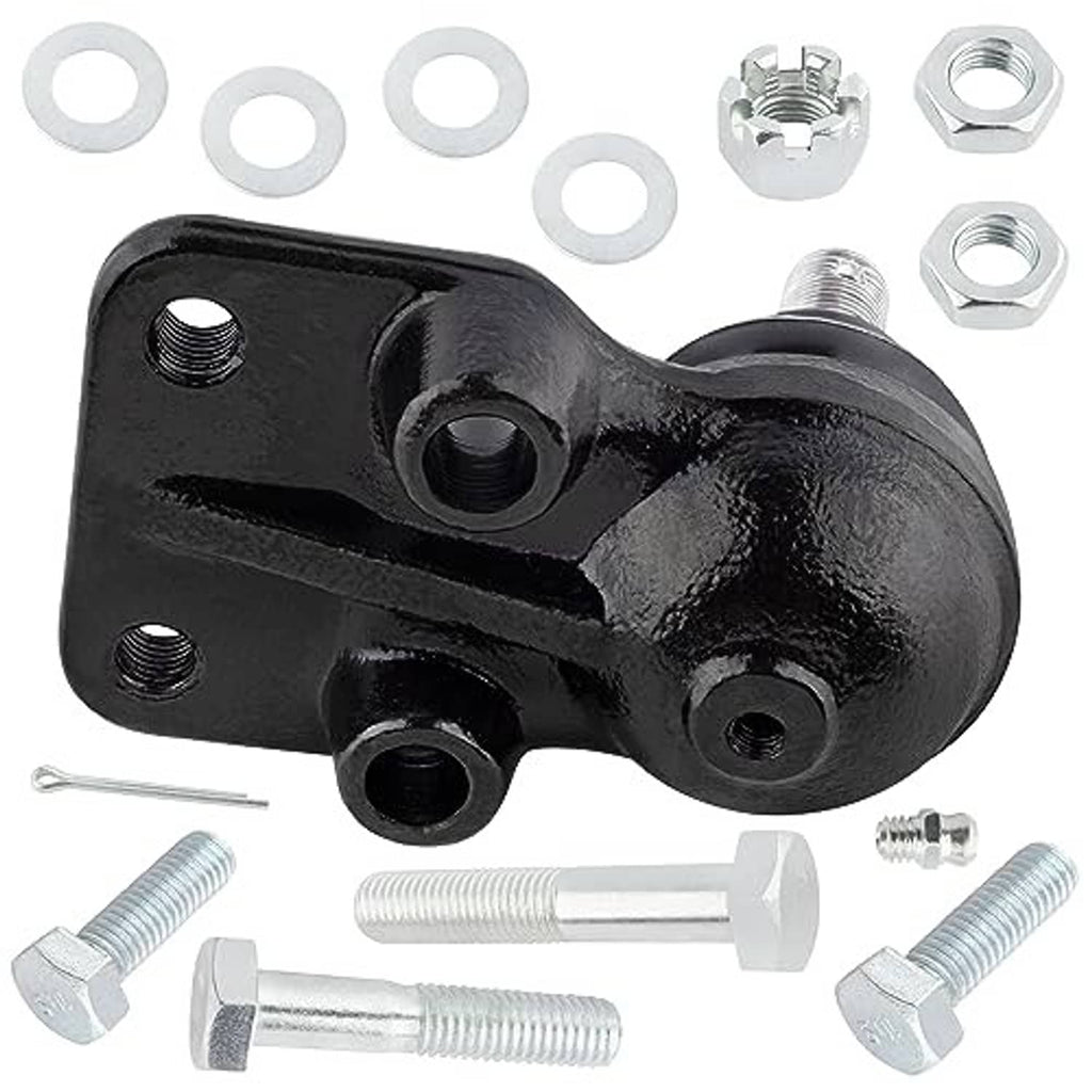 Ball joint with black housing and boot; includes mounting bolts, washers, and nuts