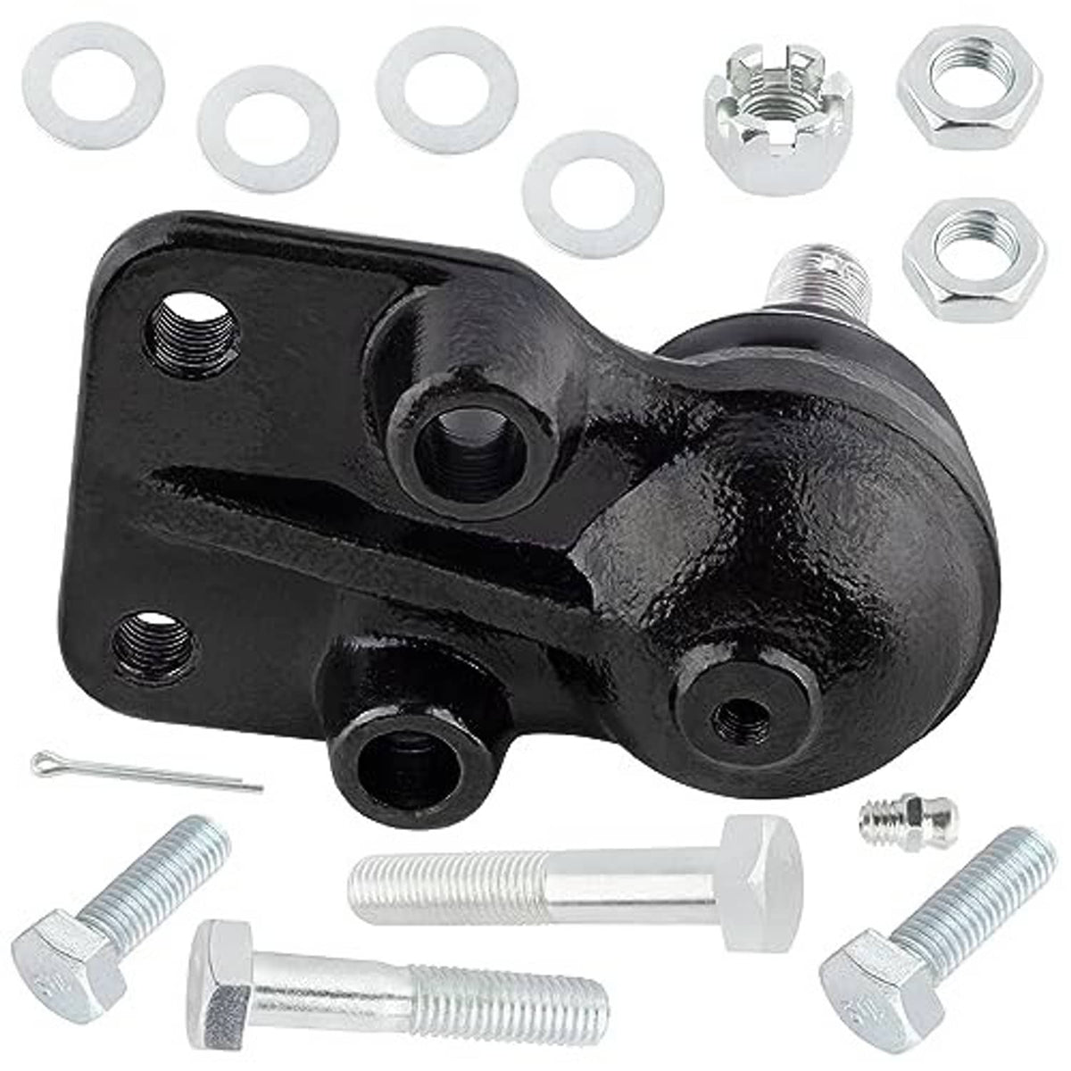 Ball joint with black housing and boot; includes mounting bolts, washers, and nuts