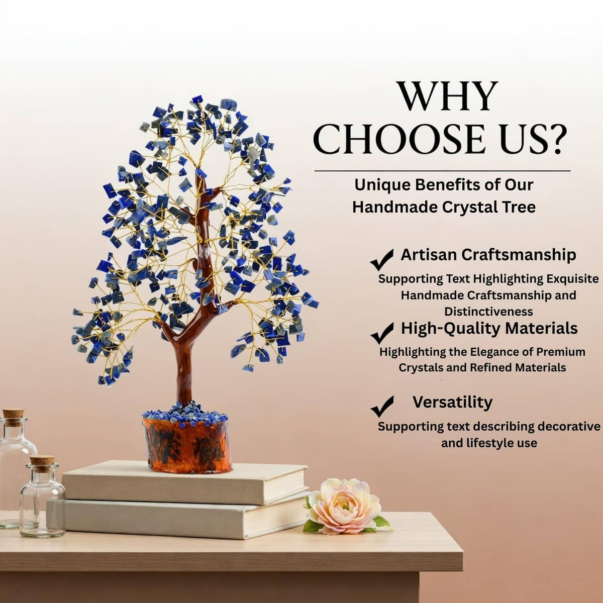 Lapis lazuli crystal tree with golden wire branches and amber wooden base on book stack