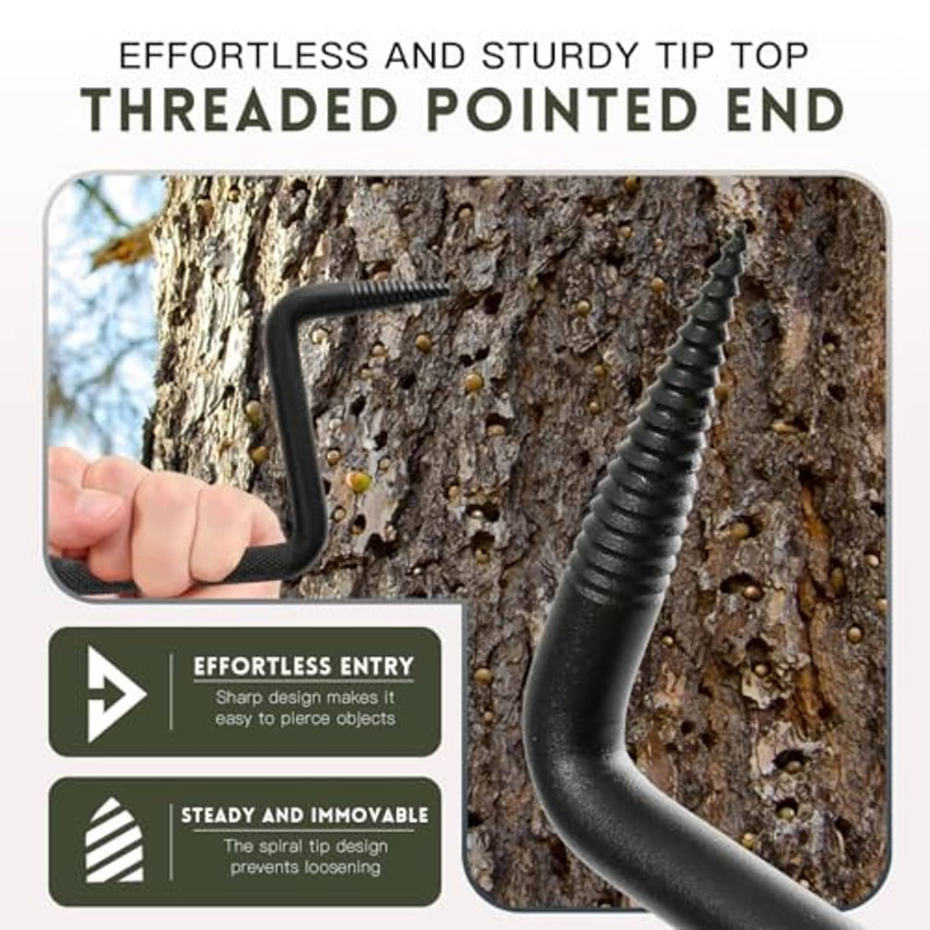 Black threaded pointed tree step held against tree bark