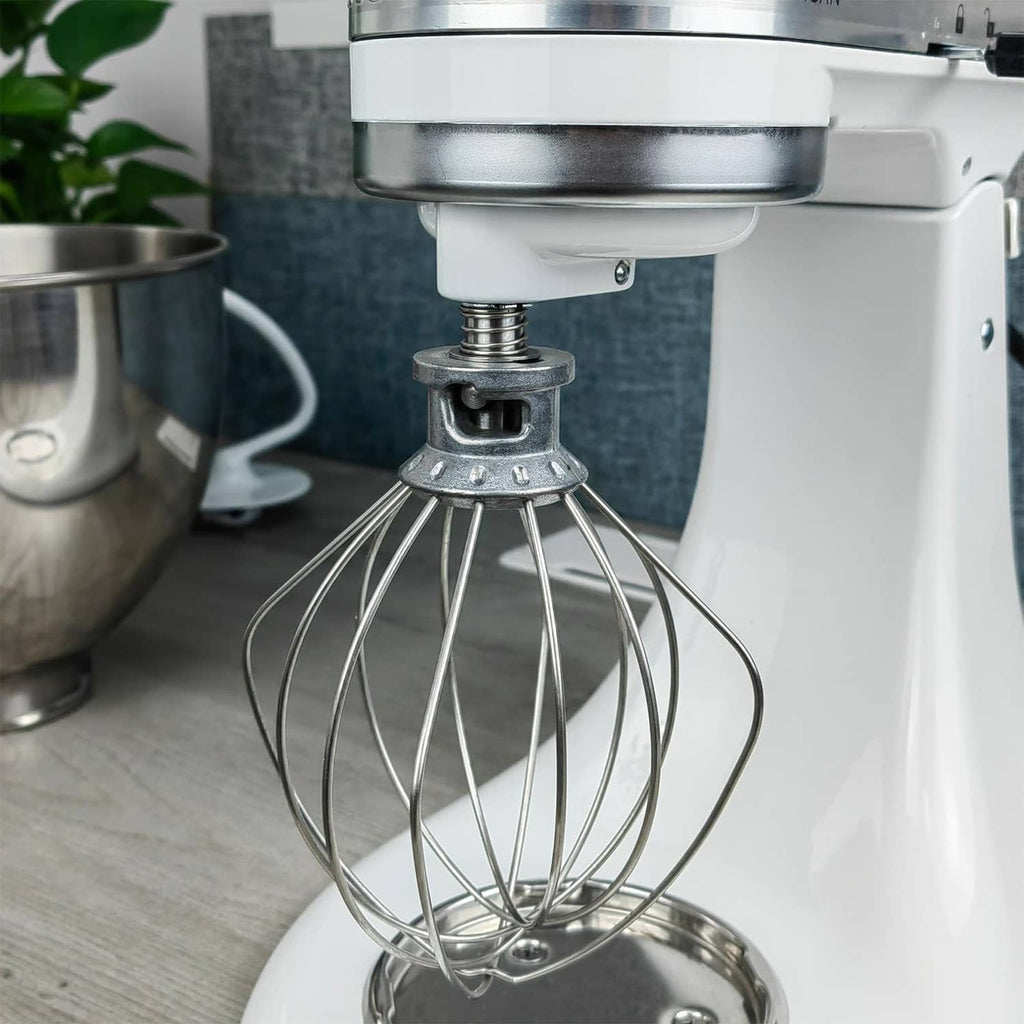 Chrome mixer attachment hub with screw post and wire whisk beaters