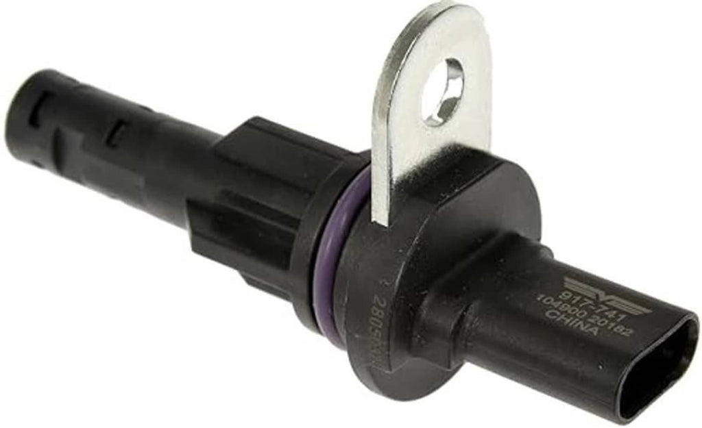 Engine camshaft position sensor angled view, black housing and metal mounting ear