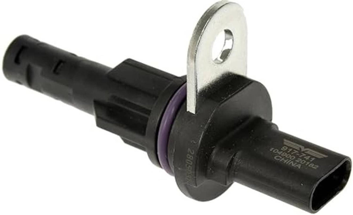 Engine camshaft position sensor angled view, black housing and metal mounting ear