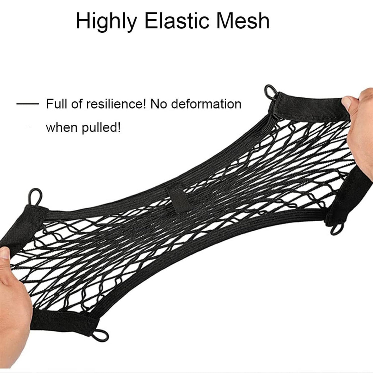 Black elastic mesh cargo net stretched with end straps and corner loops