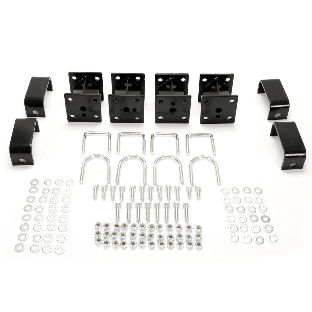 Lift kit bundle: black mounting blocks, U-bolts, washers, and included hardware
