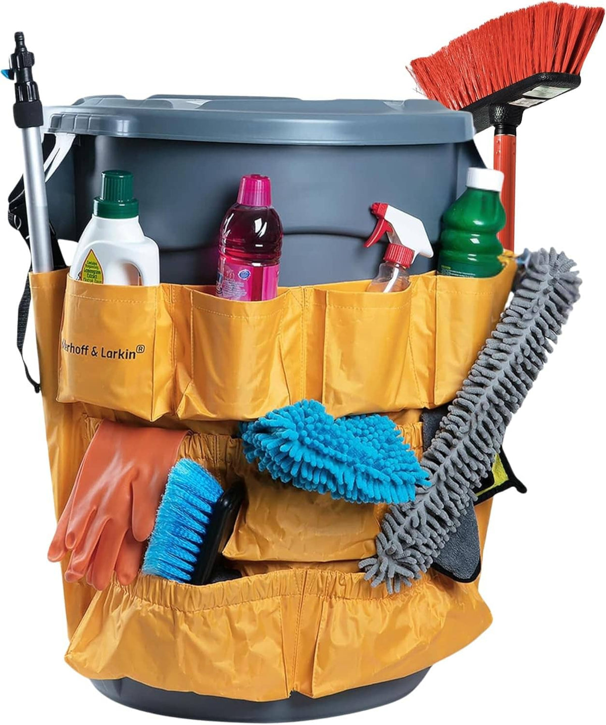 Yellow trash can caddy bag with multiple pockets holding cleaning supplies