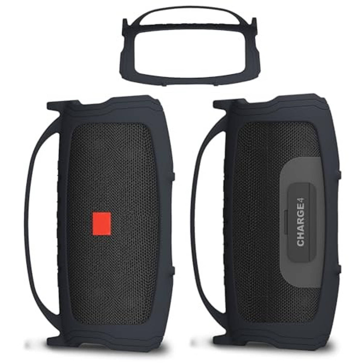 Black silicone speaker cover case with textured front and side charge button window