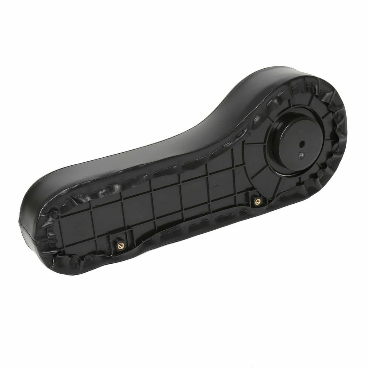 Golf cart rear arm rest underside with mounting bracket and circular hole, black