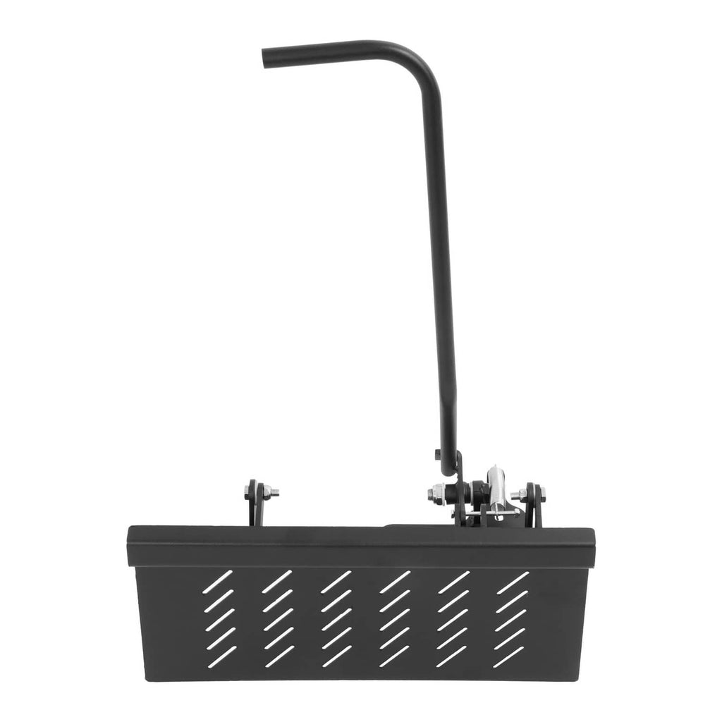 Chute blocker shield with curved handle and attachment bolts on mounting plate