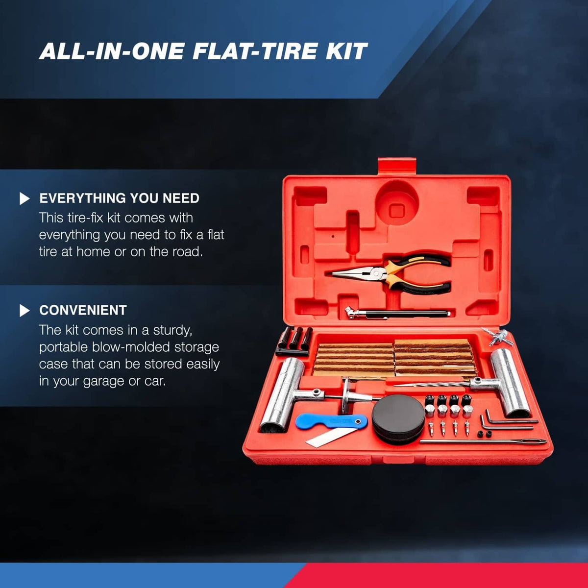 Red tubeless flat-tire repair kit in case with assorted tools and plug slots