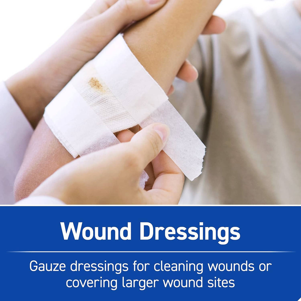 Wound dressing being placed on an arm with gauze pad shown in a first aid care graphic