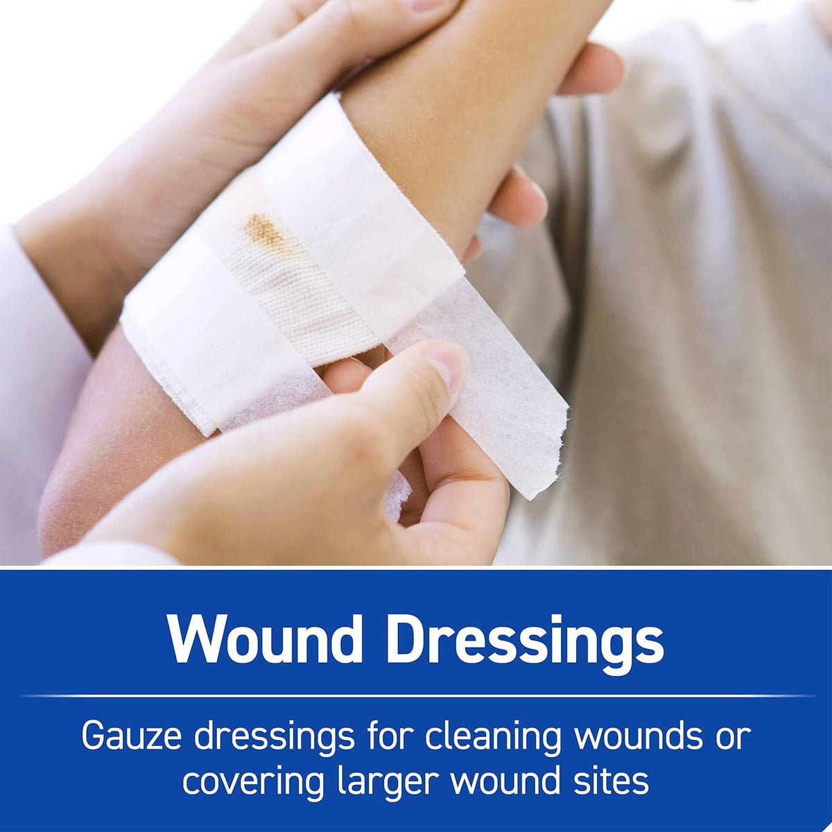 Wound dressing being placed on an arm with gauze pad shown in a first aid care graphic