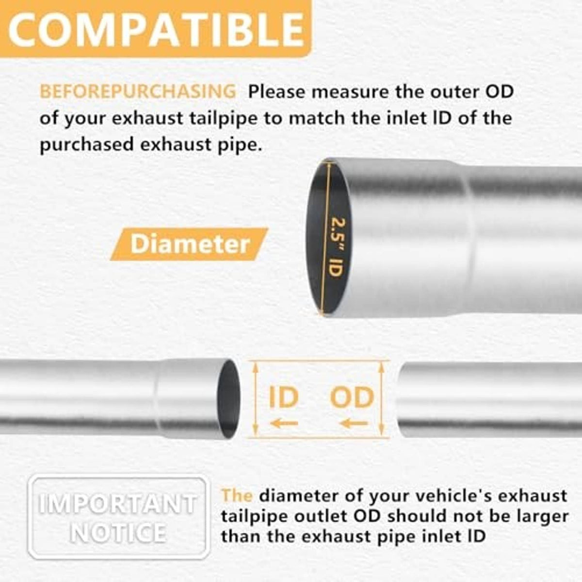 Mild steel exhaust pipe showing OD/ID diameter reference for inlet match