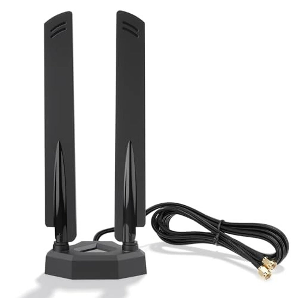 Dual black WiFi 7 tri-band antennas on base with twin cable and RP-SMA connectors
