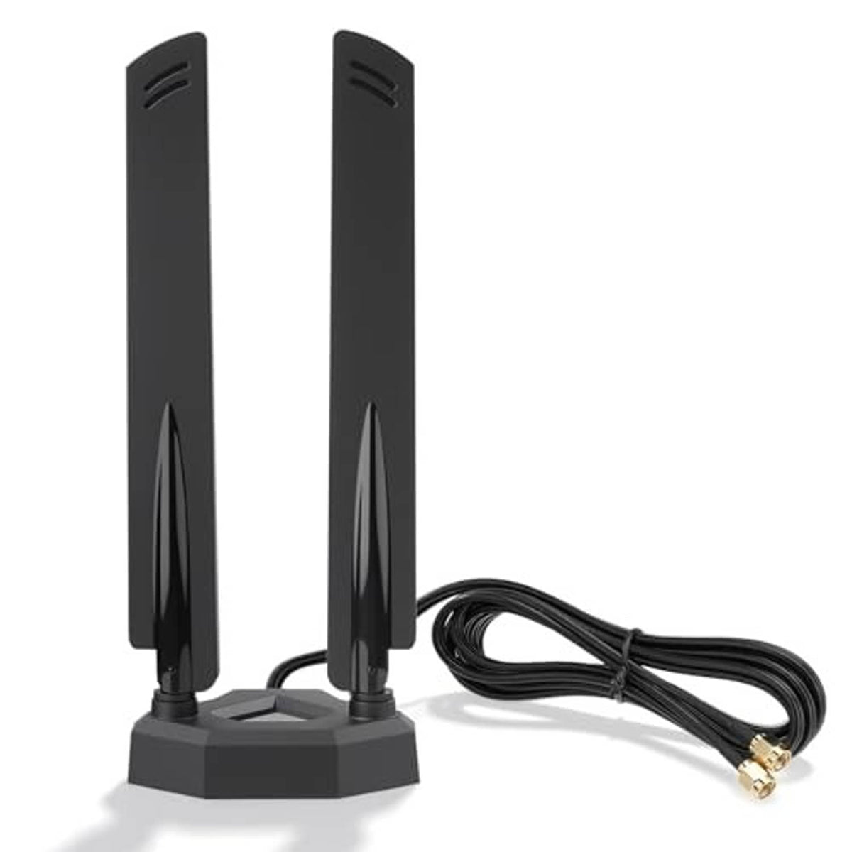Dual black WiFi 7 tri-band antennas on base with twin cable and RP-SMA connectors