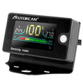 Digital battery monitor electricity meter with black casing and LCD showing 100% charge