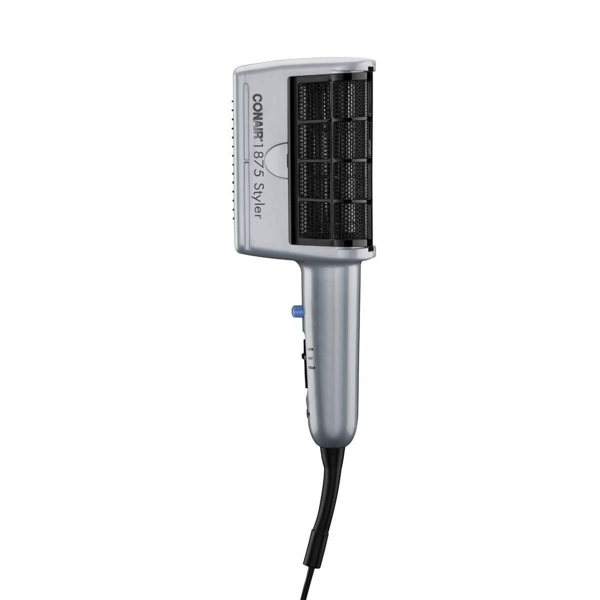 Conair 3-in-1 styling hair dryer, front view with black vent and blue control