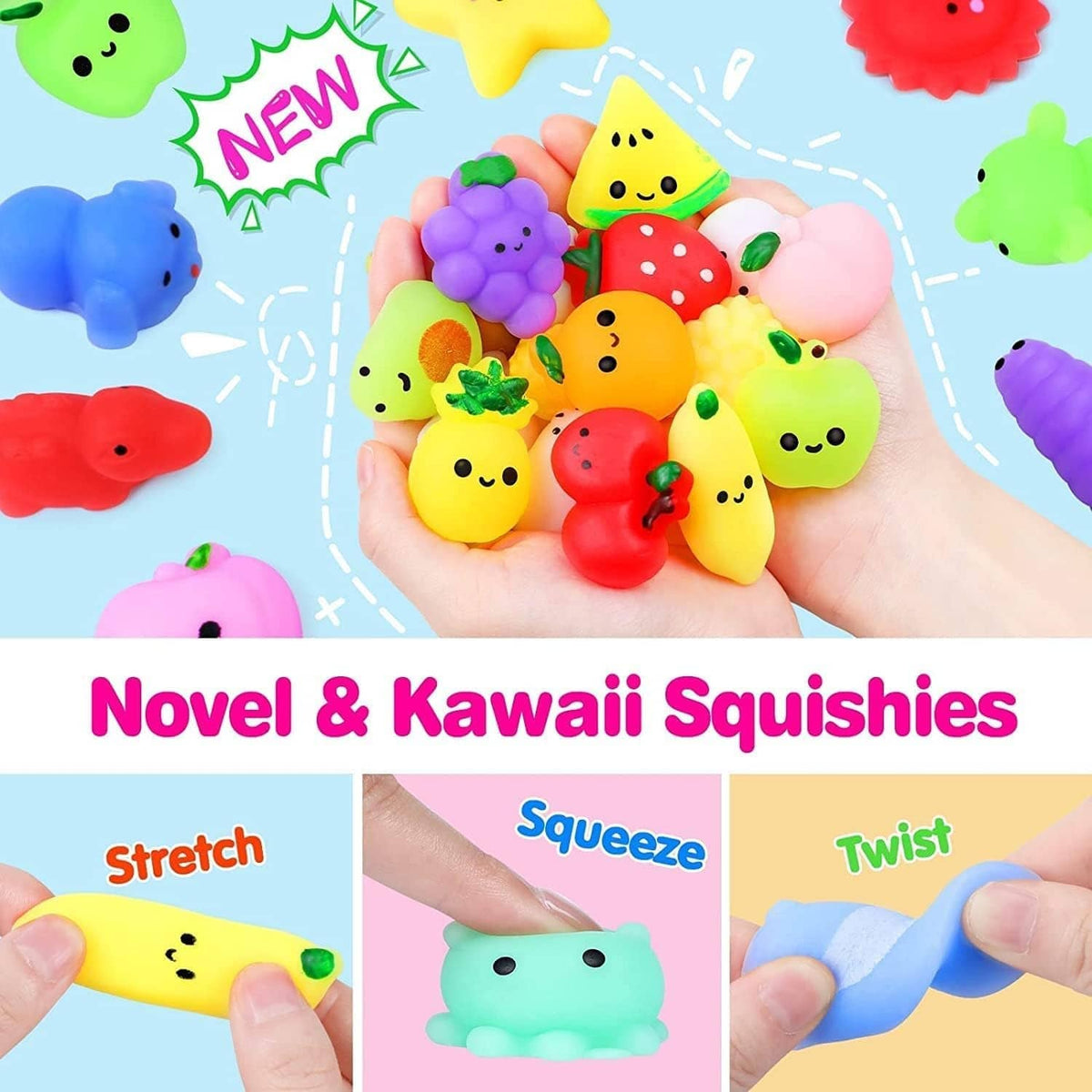 Kawaii squishy toy set with fruit and animal face shapes