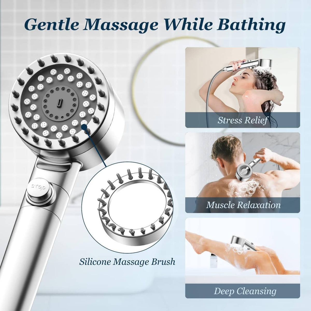 Silicone massage brush shower head attachment with round nozzle disc and handle