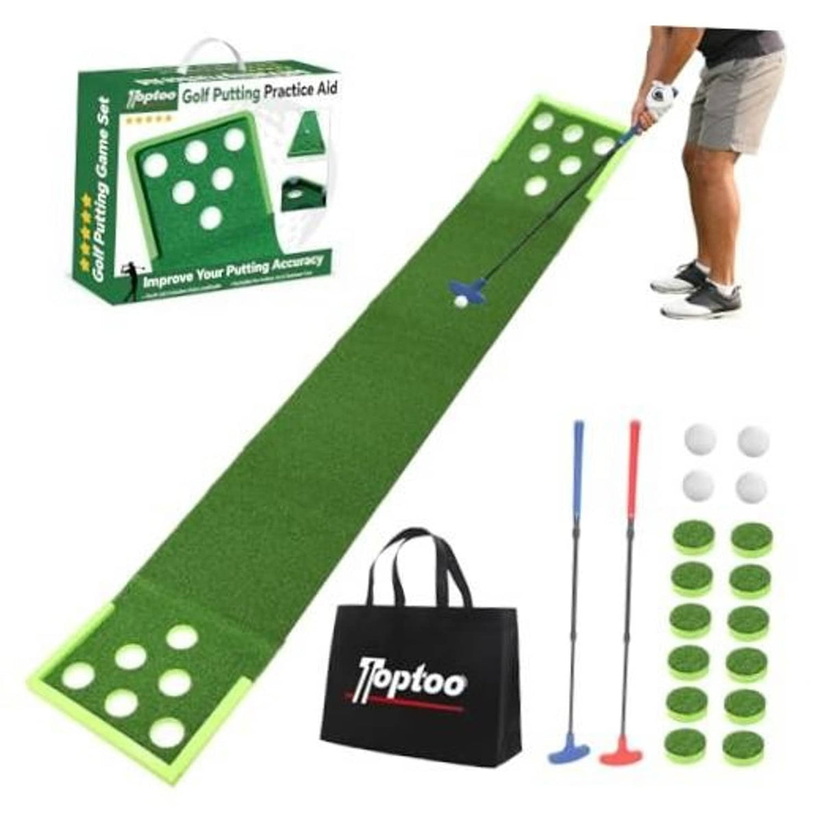 Green golf putting mat with multiple ball holes and practice target grid