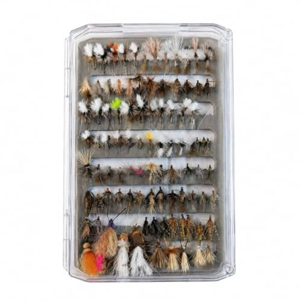 Clear tackle box holding assorted fly fishing streamers and feather lures