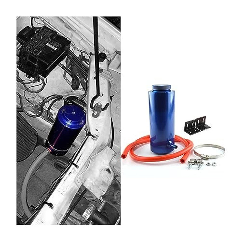 Blue coolant overflow tank with orange hose and mounting clamps