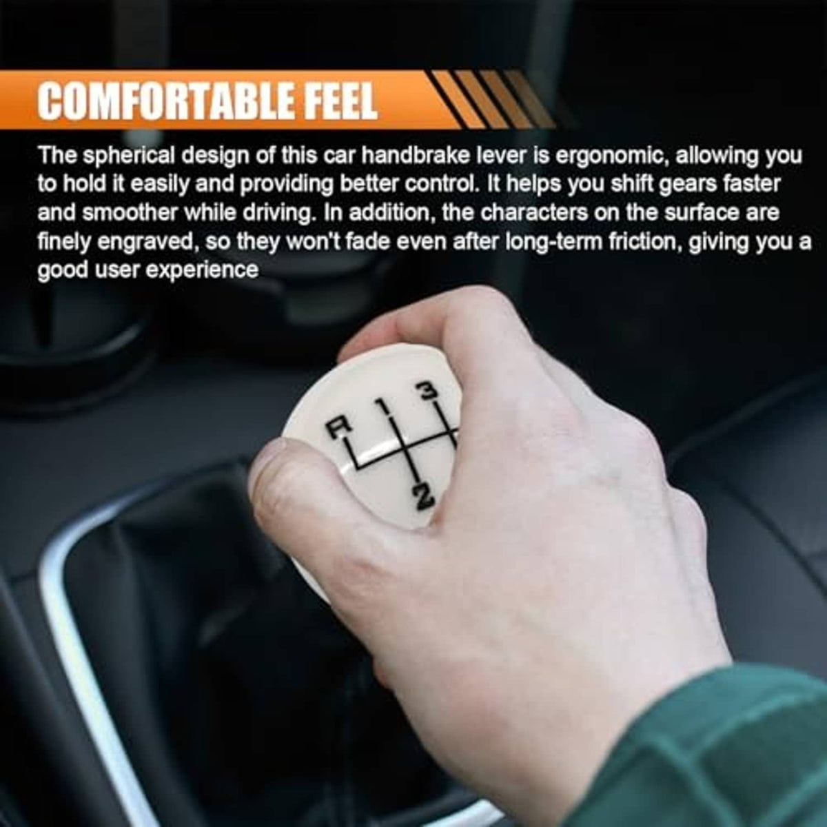 White gear shift knob with black gear markings held in hand, round top with numbered grid