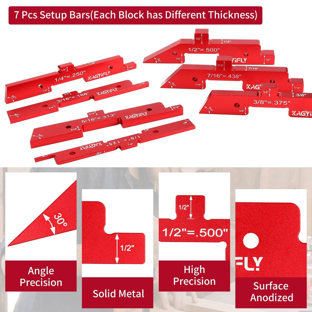 Set of 7 red aluminum router setup bars with different notch sizes