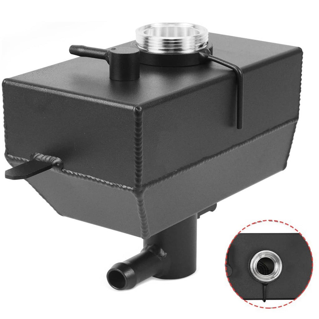 Black engine coolant reservoir with threaded cap opening and hose barb outlets