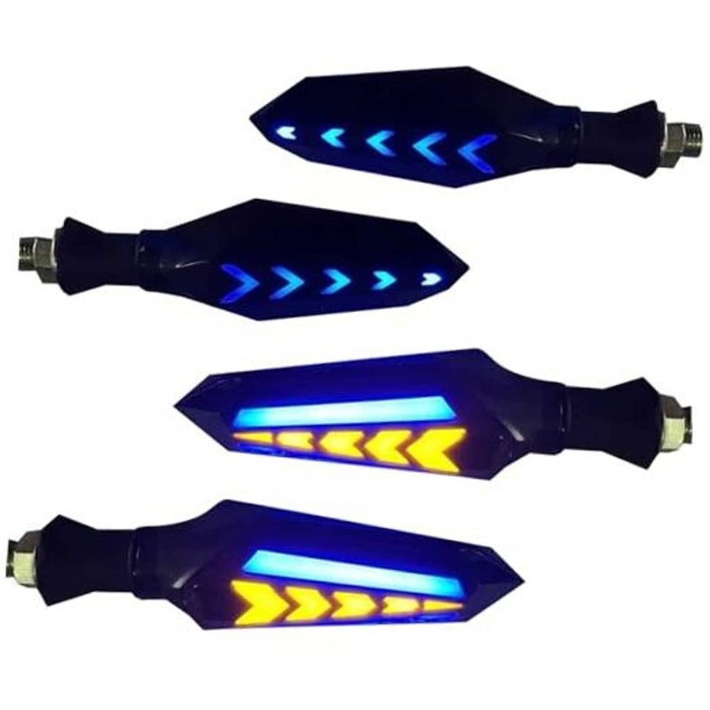 Blue arrow-shaped LED motorcycle turn indicator lights, 4-pack, with amber and blue glow